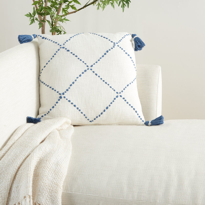 20" Square Blue and White Embroidered Cotton Throw Pillow with Tassels