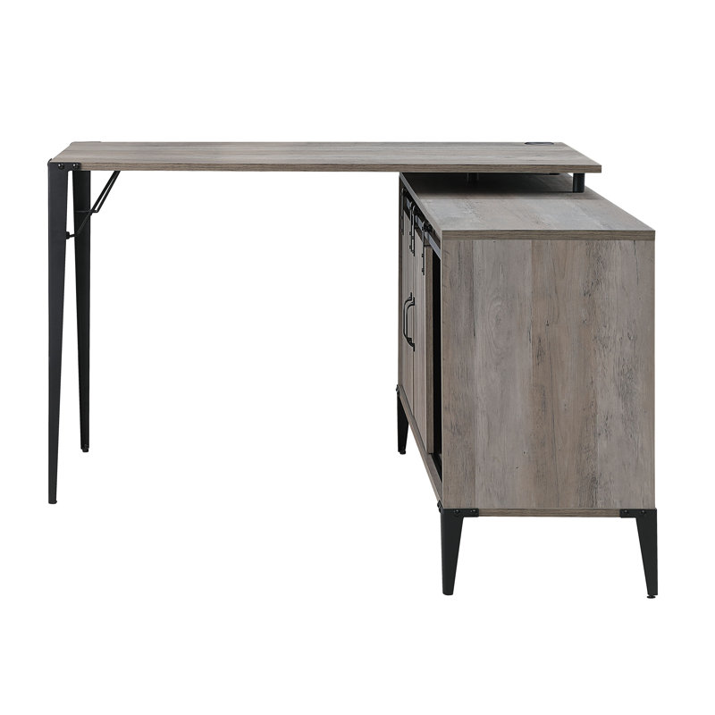 Rustic Oak & Black L-Shaped Writing Desk with USB and Filing Cabinet