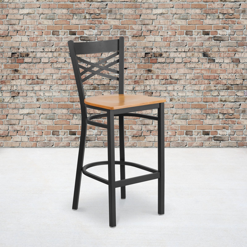 Hercules Chic X-Back 29" Black Metal Barstool with Cherry Wood Seat