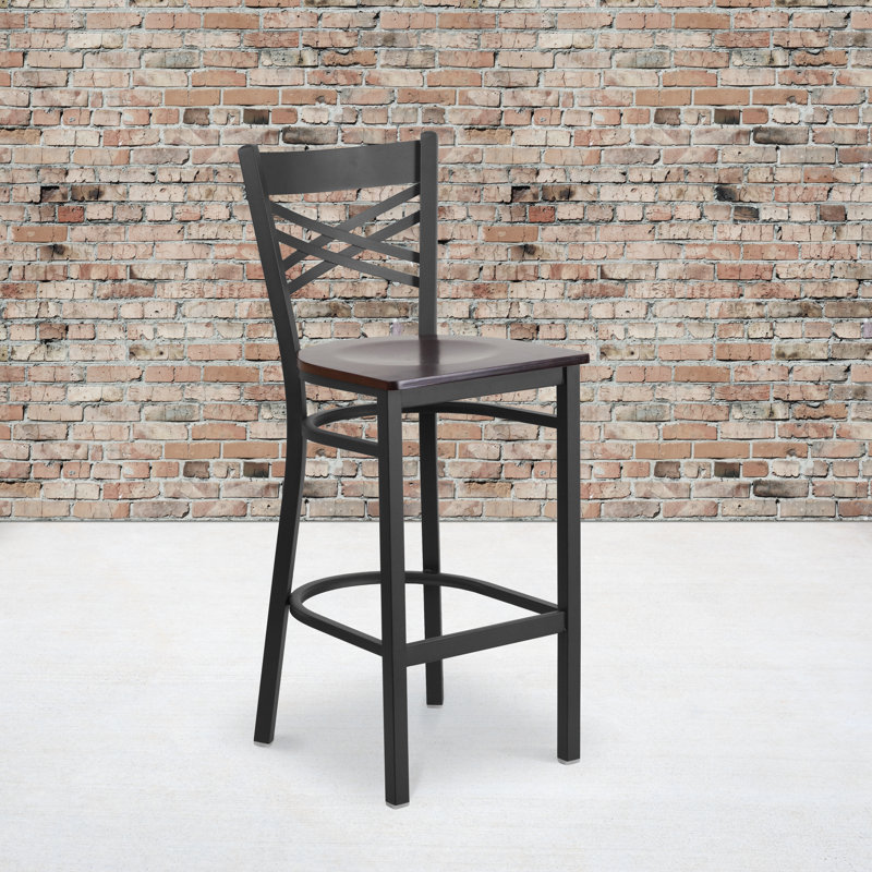 Hercules Chic X-Back 29" Black Metal Barstool with Cherry Wood Seat