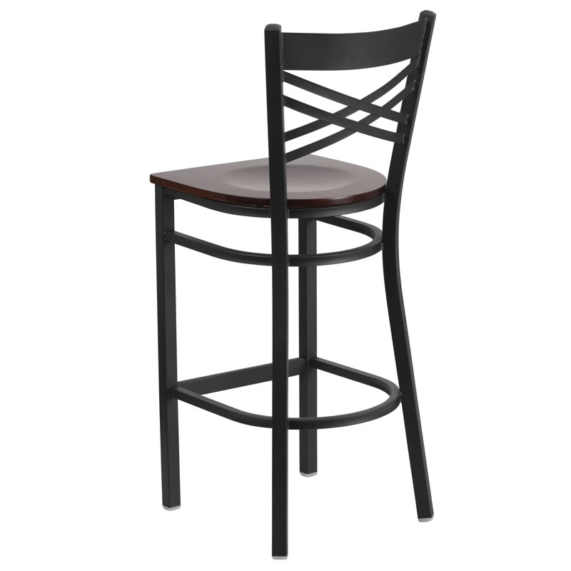 Hercules Chic X-Back 29" Black Metal Barstool with Cherry Wood Seat