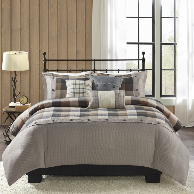 King/California King Neutral Herringbone Plaid Duvet Cover Set