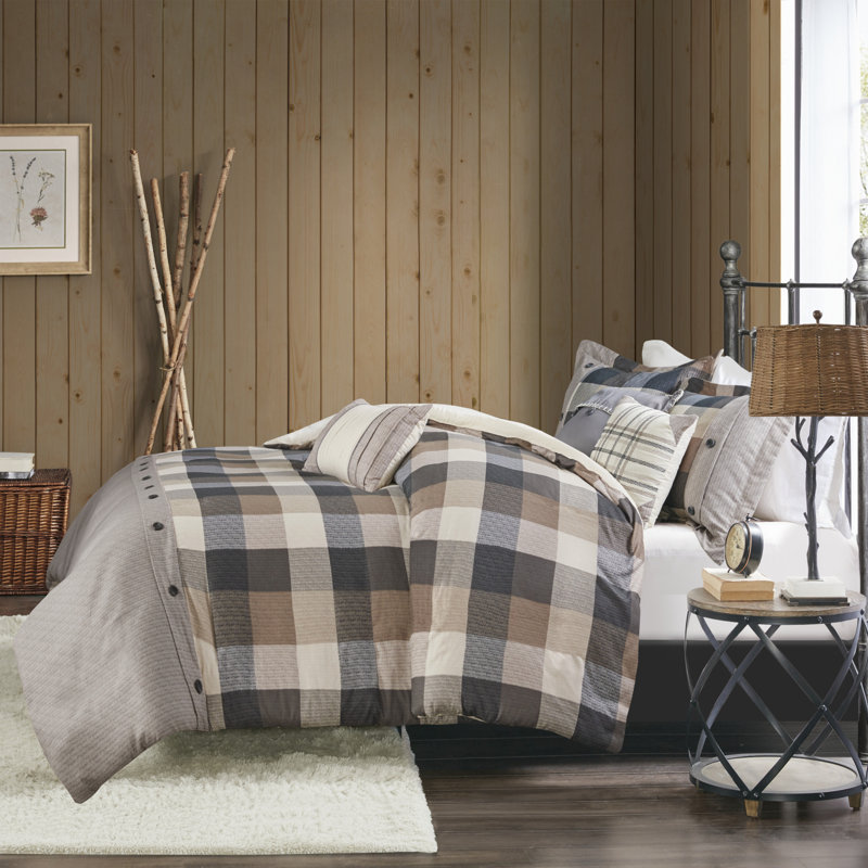 King/California King Neutral Herringbone Plaid Duvet Cover Set