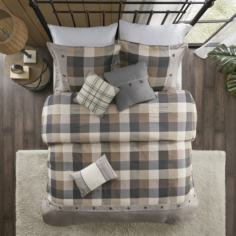 King/California King Neutral Herringbone Plaid Duvet Cover Set