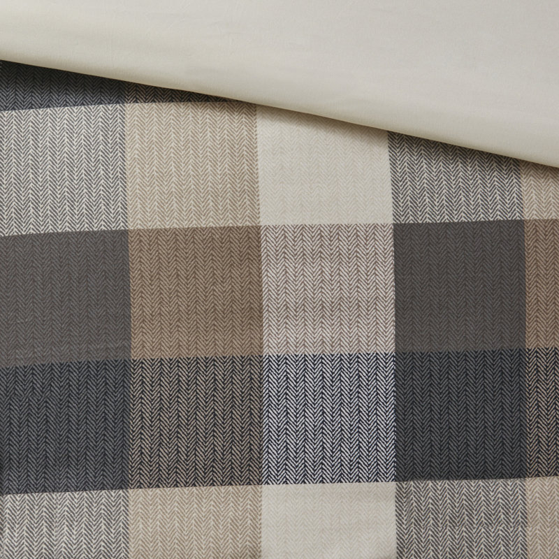 King/California King Neutral Herringbone Plaid Duvet Cover Set
