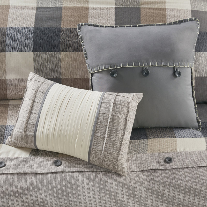 King/California King Neutral Herringbone Plaid Duvet Cover Set