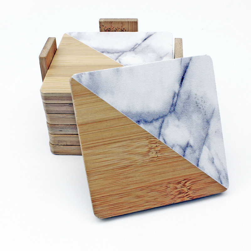 Eco-Friendly Bamboo and Marble Coaster Set with Holder