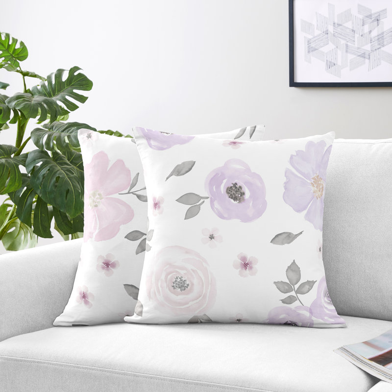 Lavender and Grey Watercolor Floral Square Pillow Set