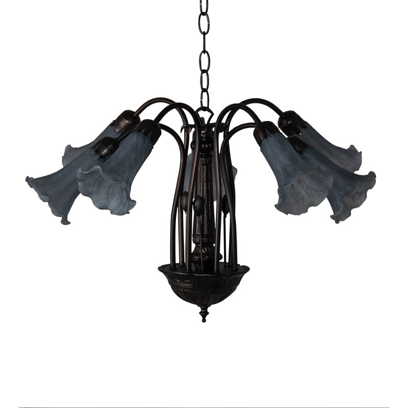 Mahogany Bronze Tiffany Pond Lily 7-Light Art Glass Chandelier