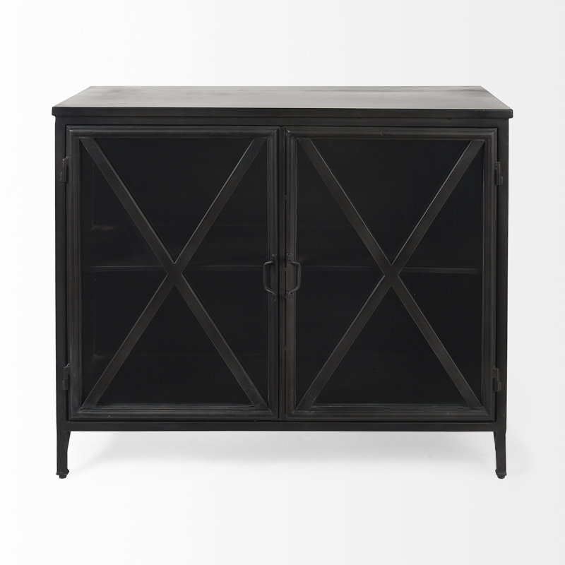 Poppy Black Iron Glass Paneled Distressed Sideboard with Storage