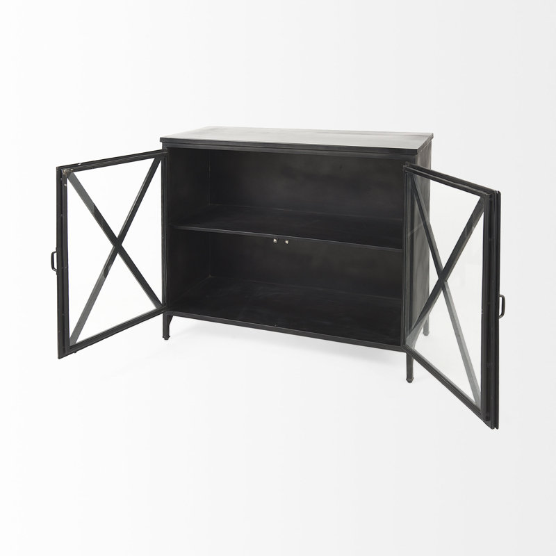 Poppy Black Iron Glass Paneled Distressed Sideboard with Storage