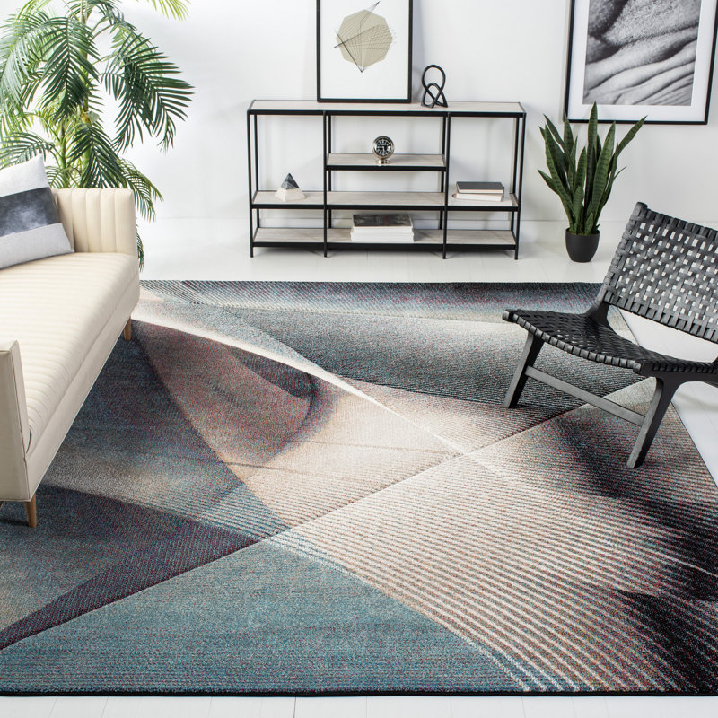 Mid-Century Blue Geometric 9' x 12' Easy-Care Synthetic Area Rug