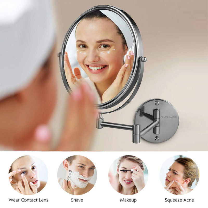 Nickel Brushed 9" Round Wall Mount Makeup Mirror with Extendable Arm