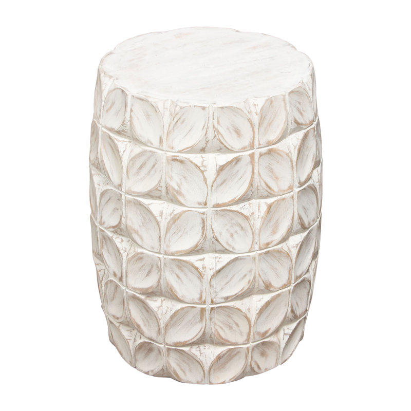 Fig Solid Mango Wood Round Drum End Table in Distressed White
