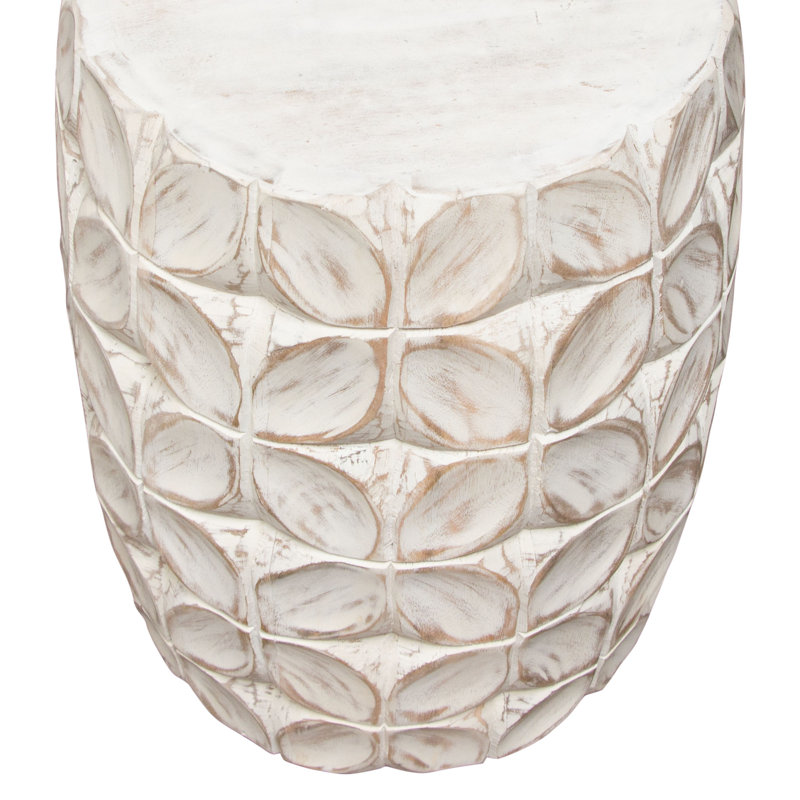 Fig Solid Mango Wood Round Drum End Table in Distressed White