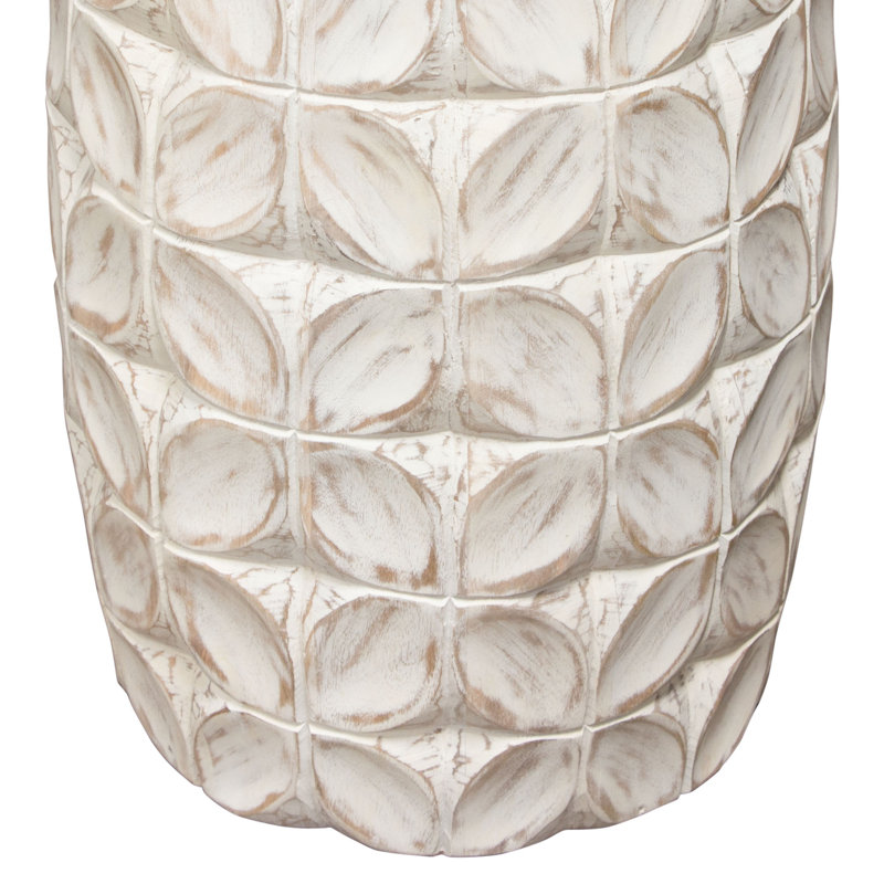 Fig Solid Mango Wood Round Drum End Table in Distressed White