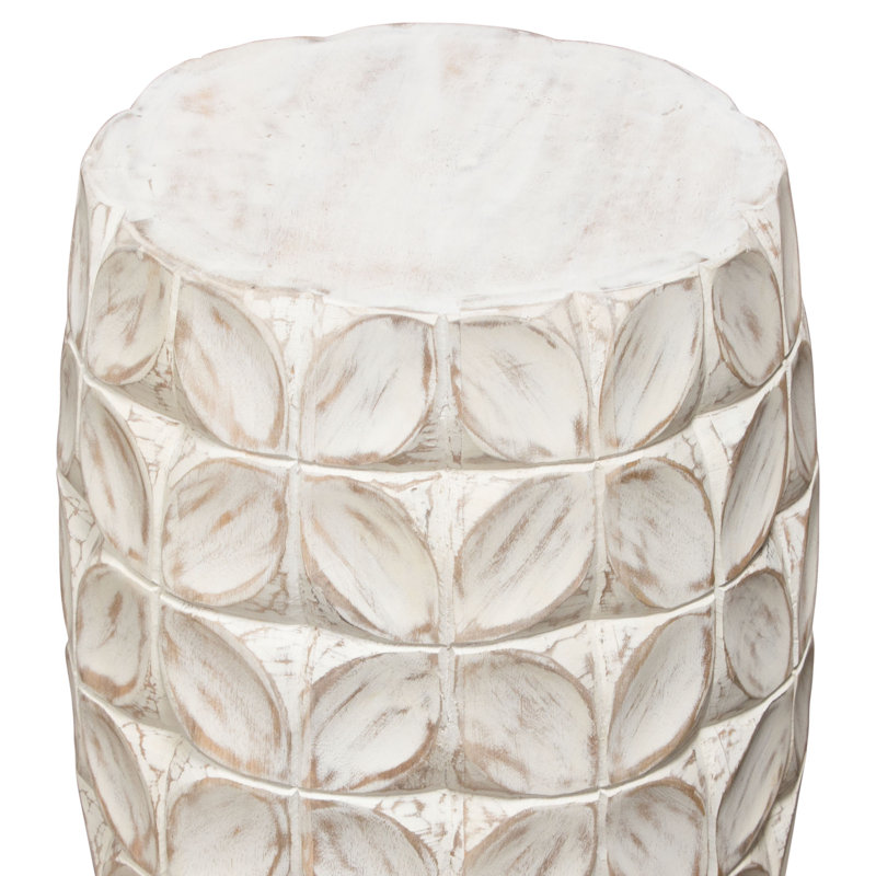 Fig Solid Mango Wood Round Drum End Table in Distressed White