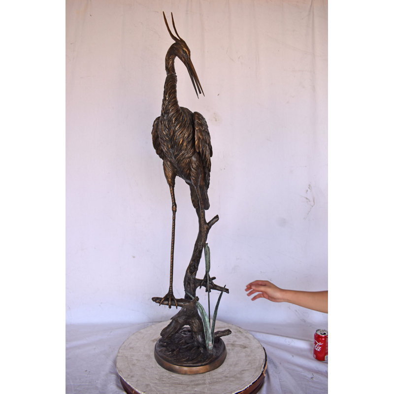 Bronze Crane Standing on Branch Sculptural Fountain, 43" Tall