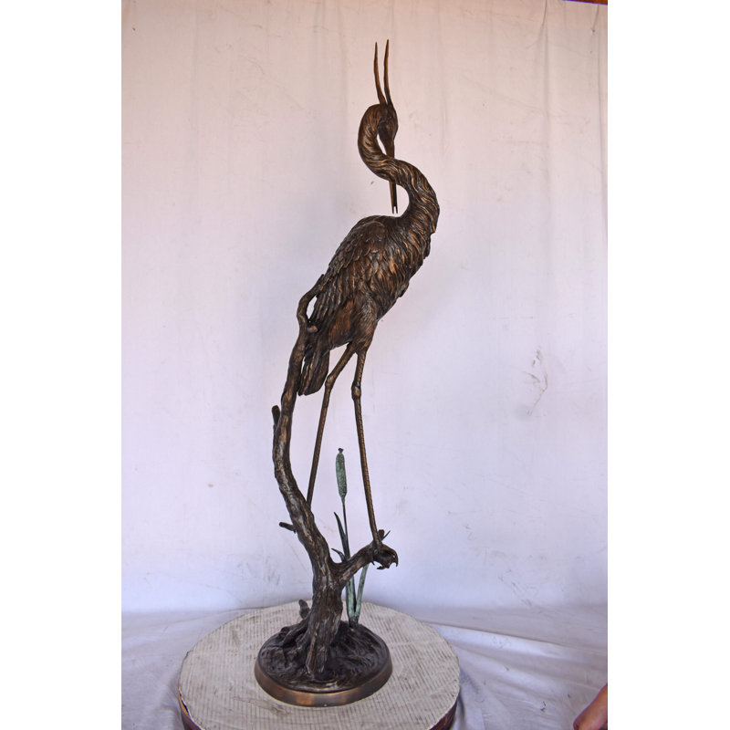 Bronze Crane Standing on Branch Sculptural Fountain, 43" Tall