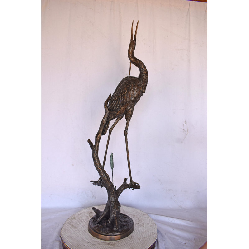 Bronze Crane Standing on Branch Sculptural Fountain, 43" Tall