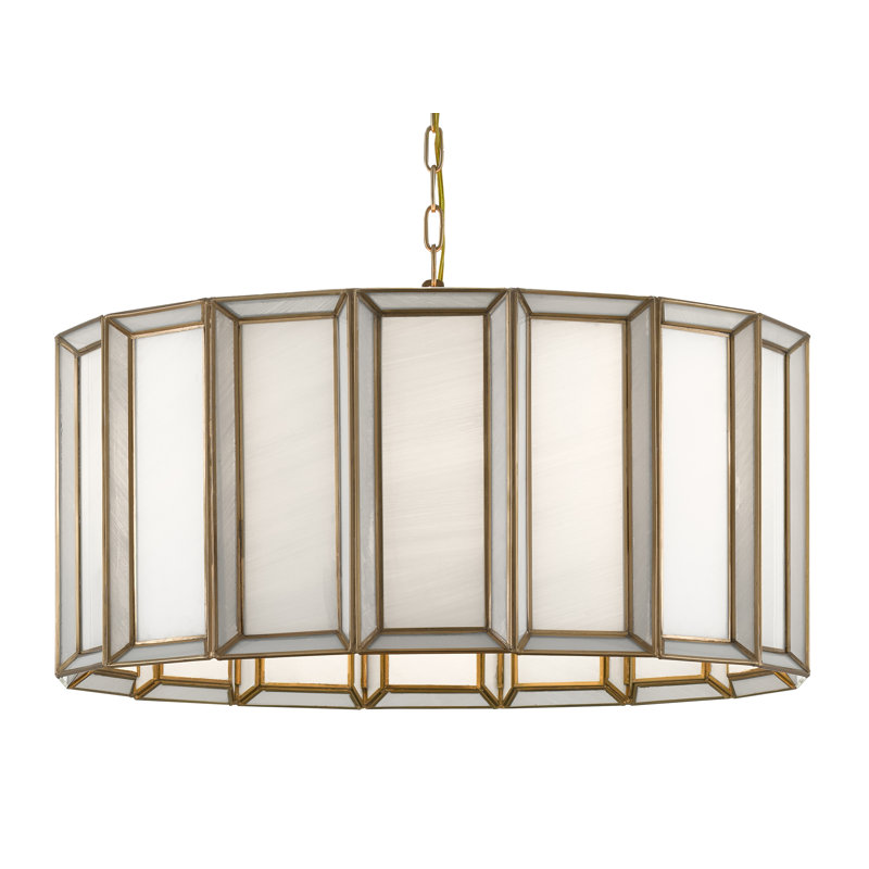 Antique Brass and White Glass Drum Chandelier
