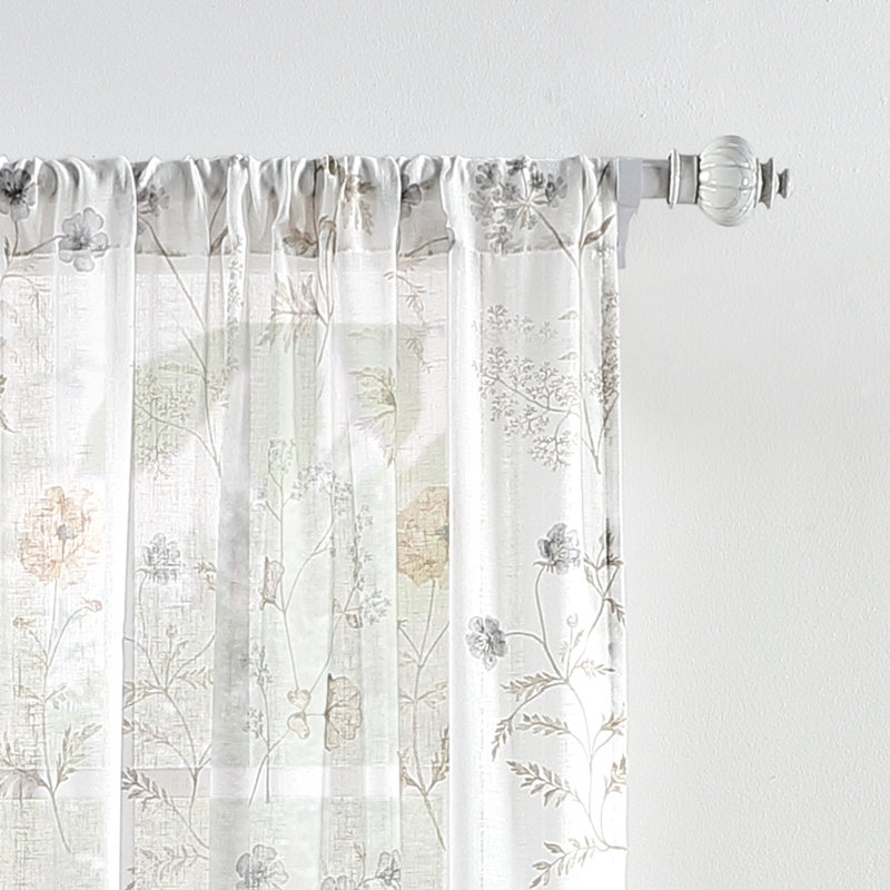 Gold Floral Semi-Sheer Rod Pocket Curtain Panel Pair