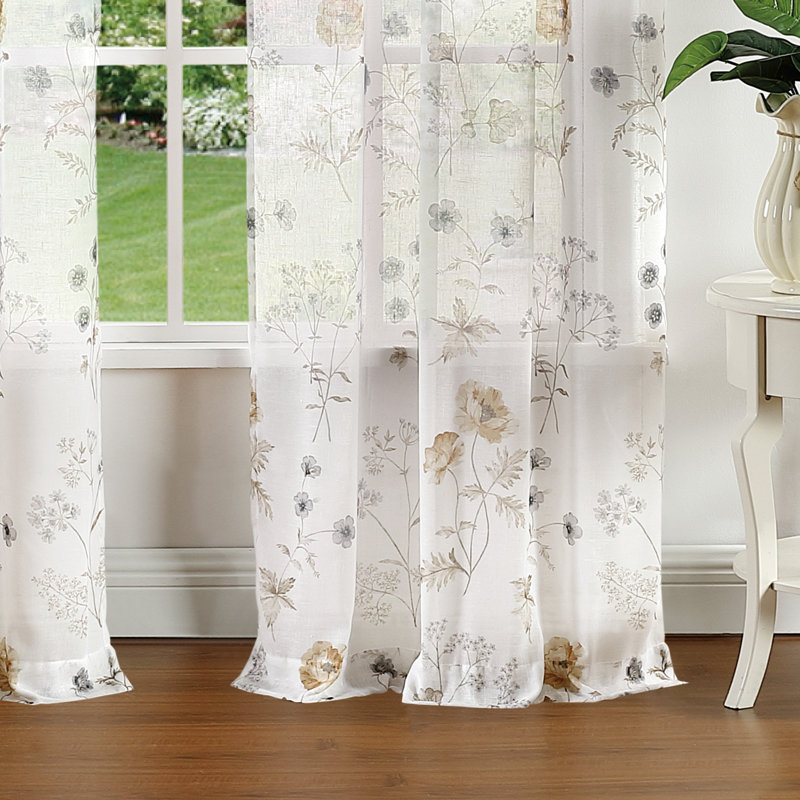 Gold Floral Semi-Sheer Rod Pocket Curtain Panel Pair