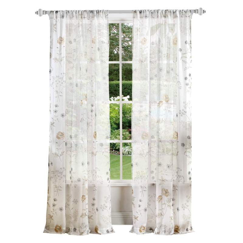 Gold Floral Semi-Sheer Rod Pocket Curtain Panel Pair