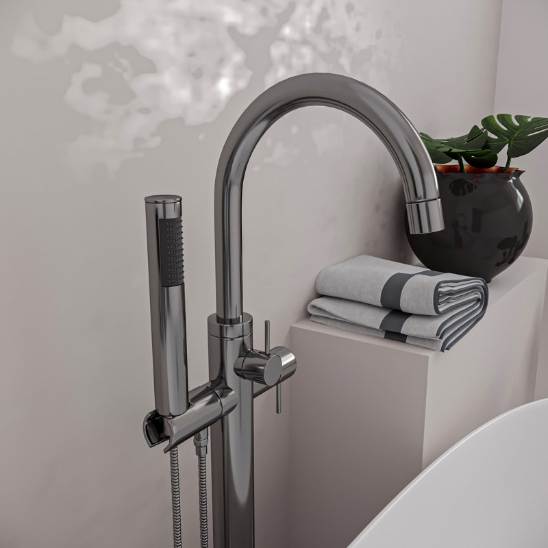Satin Nickel Floor Mount Freestanding Bathtub Filler Faucet with Handheld Shower
