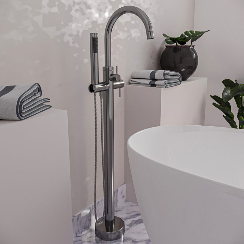 Satin Nickel Floor Mount Freestanding Bathtub Filler Faucet with Handheld Shower