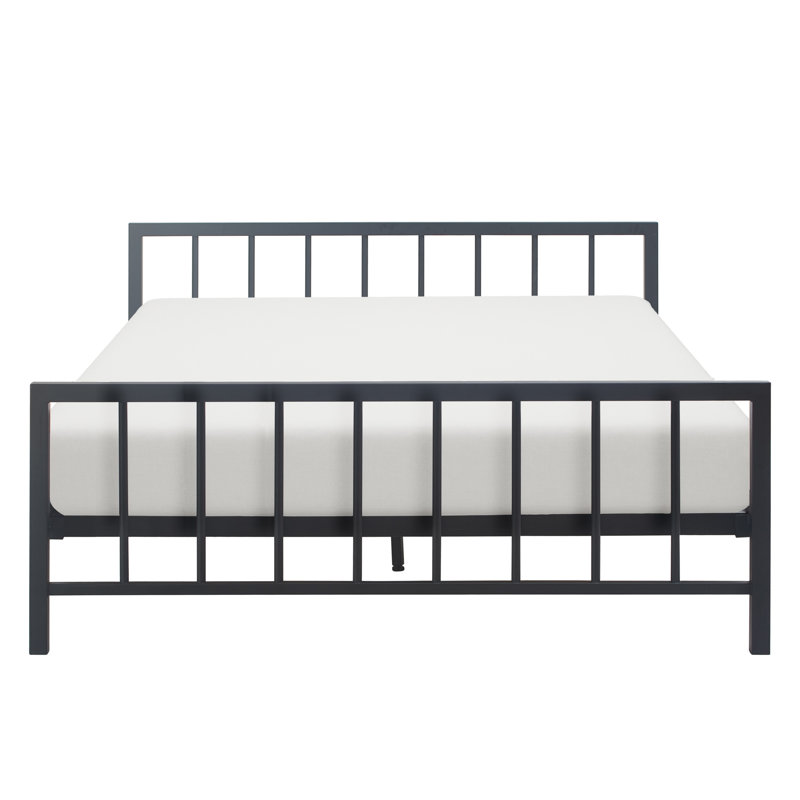 King Matte Black Metal Platform Bed Frame with Headboard and Slats