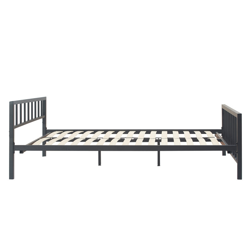 King Matte Black Metal Platform Bed Frame with Headboard and Slats