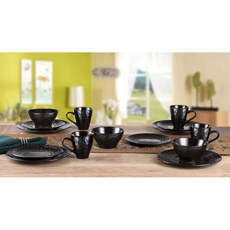 Black Embossed Ceramic 16-Piece Dinnerware Set