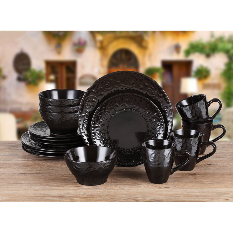Black Embossed Ceramic 16-Piece Dinnerware Set