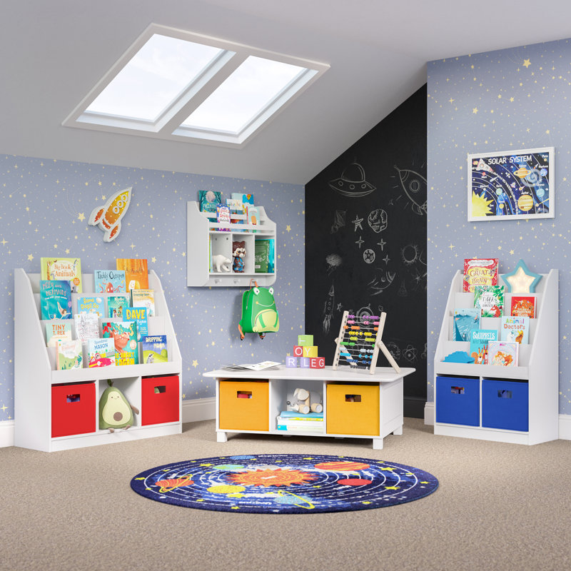 Playtime White Wall-Mounted Shelf with Bookrack and Cubbies for Kids