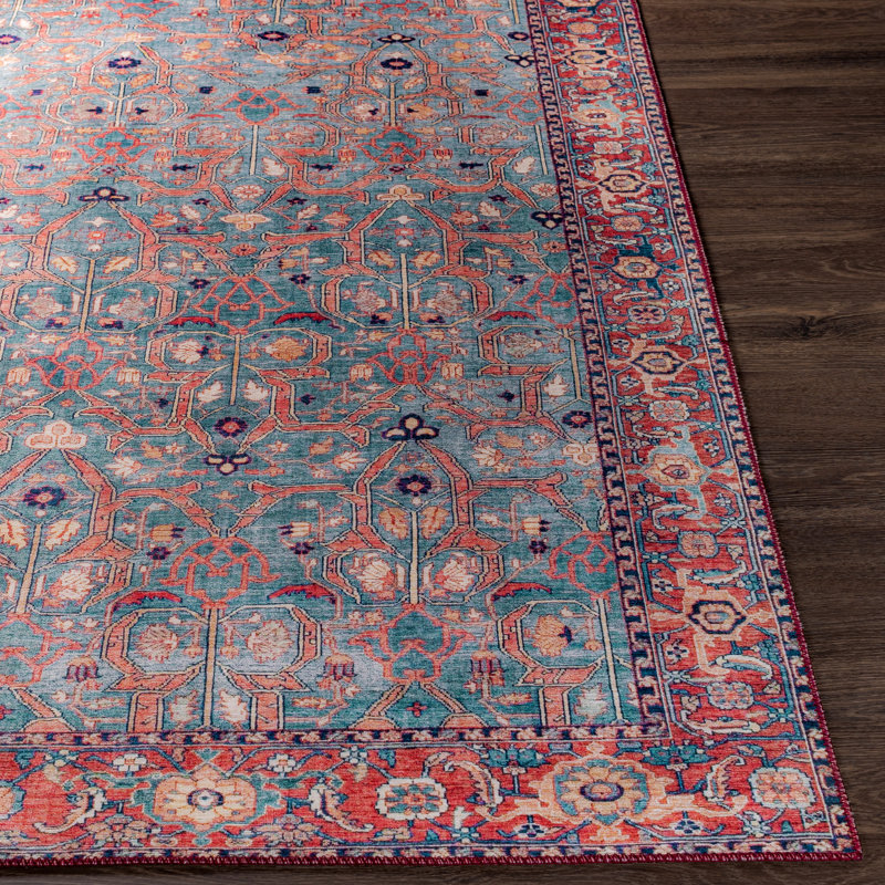 Emi Easy Care Washable Red Synthetic Rectangular Rug