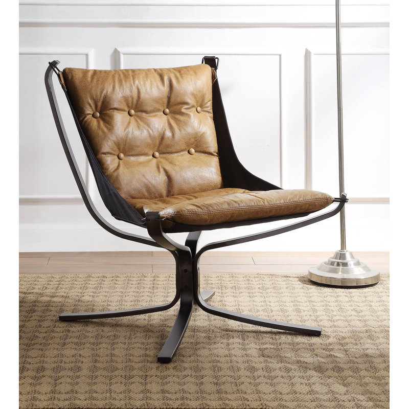 Vintage Coffee Top Grain Leather and Metal Accent Chair