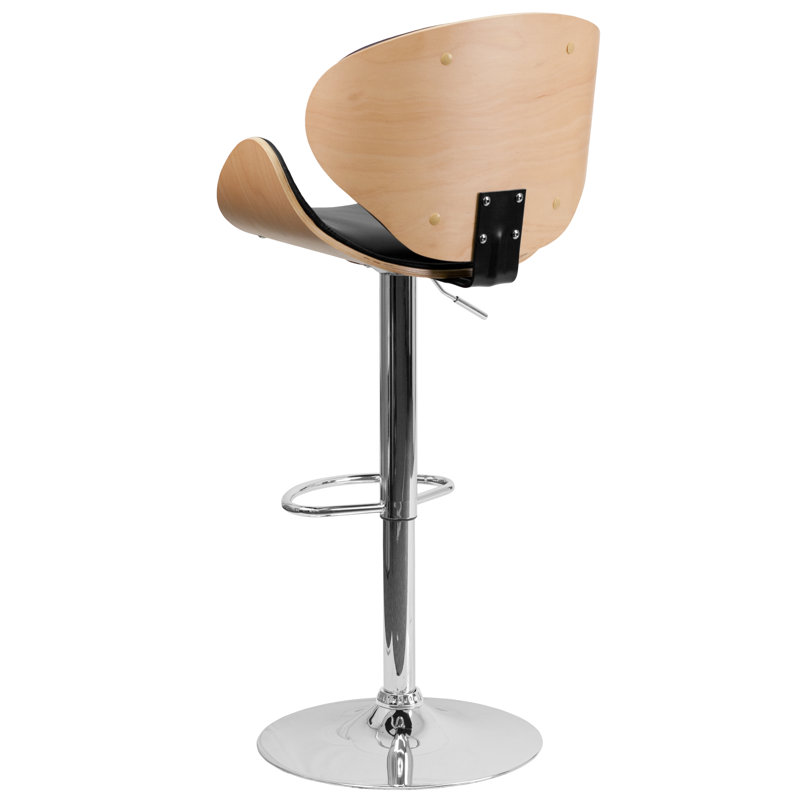 Retro Beechwood Finish Adjustable Swivel Barstool with Black Vinyl Seat