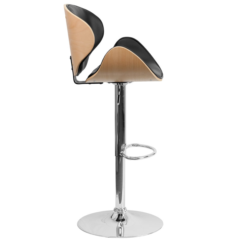 Retro Beechwood Finish Adjustable Swivel Barstool with Black Vinyl Seat
