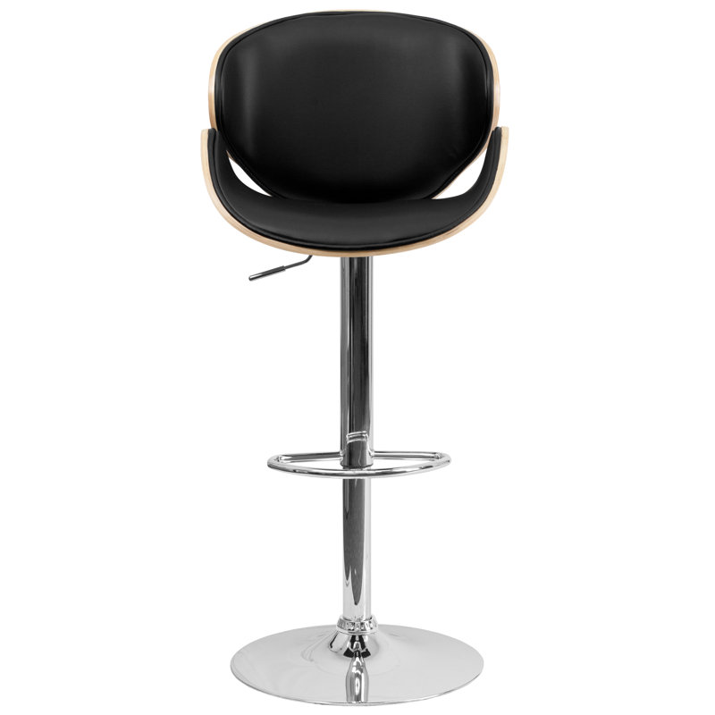 Retro Beechwood Finish Adjustable Swivel Barstool with Black Vinyl Seat