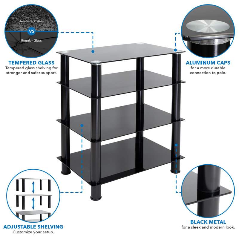 Black Tempered Glass 4-Shelf AV Media Stand