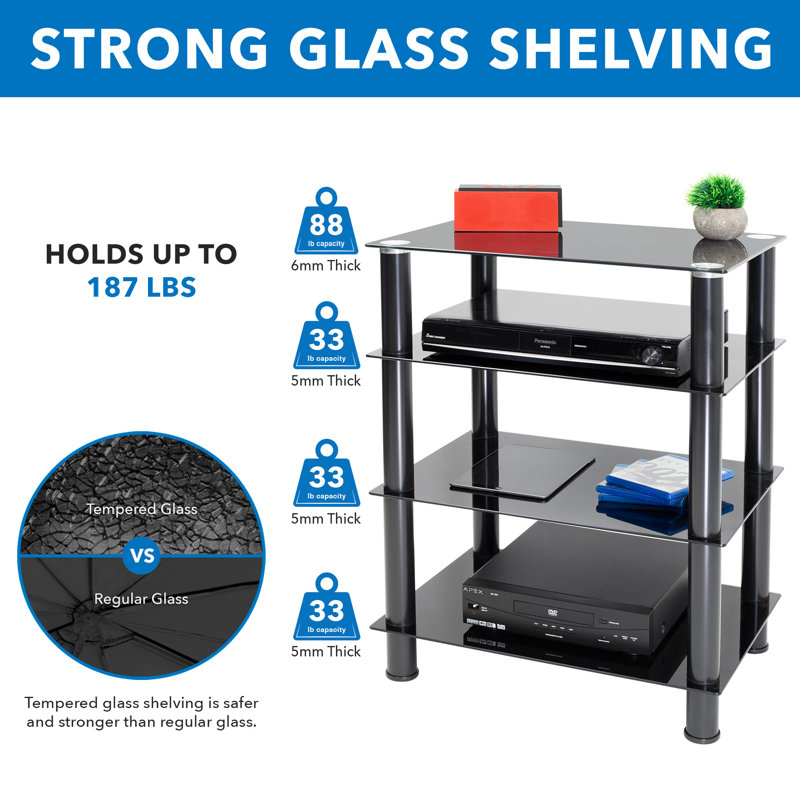 Black Tempered Glass 4-Shelf AV Media Stand