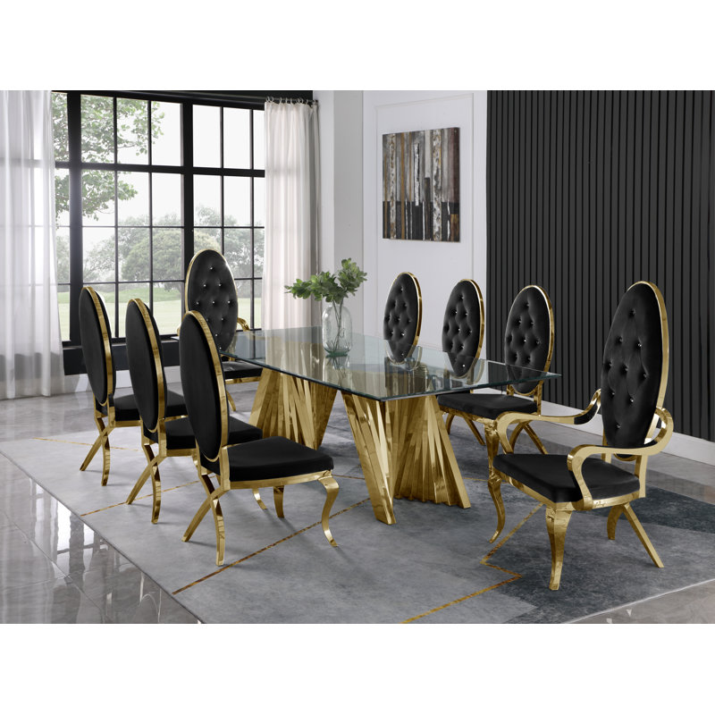 Teal Velvet and Glass 94" Dining Set with Silver Base