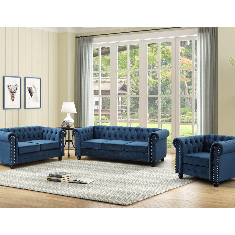 Venice 82" Blue Velvet Chesterfield Sofa with Nailhead Trim