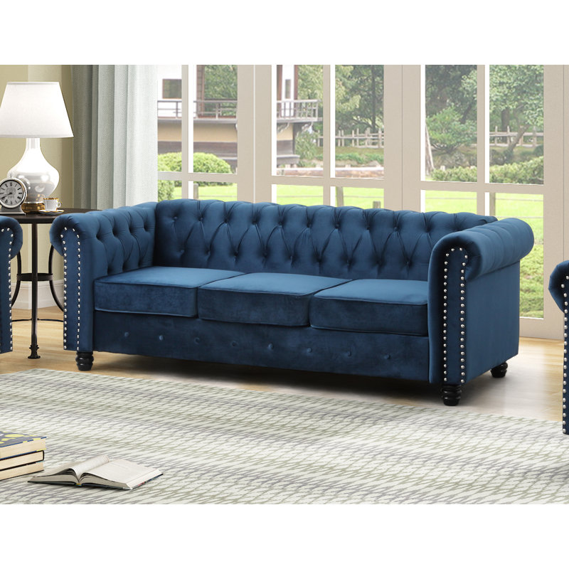 Venice 82" Blue Velvet Chesterfield Sofa with Nailhead Trim