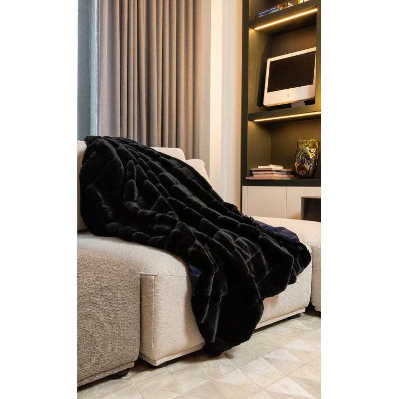 Luxe Black Faux Fur Quilted Throw Blanket