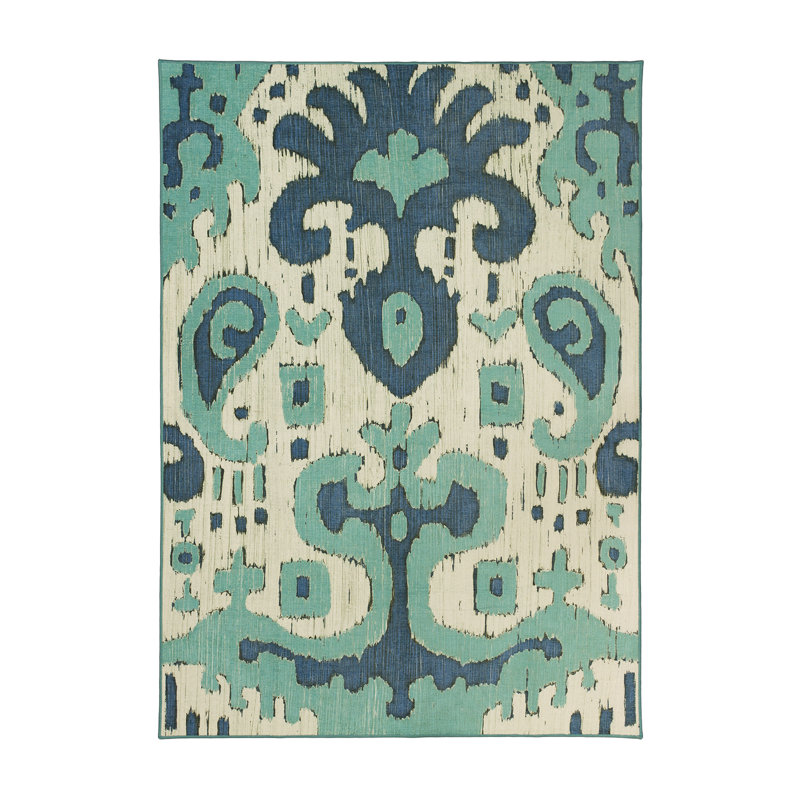 Ochre Ikat and Steel Blue Easy Care Rectangular Rug