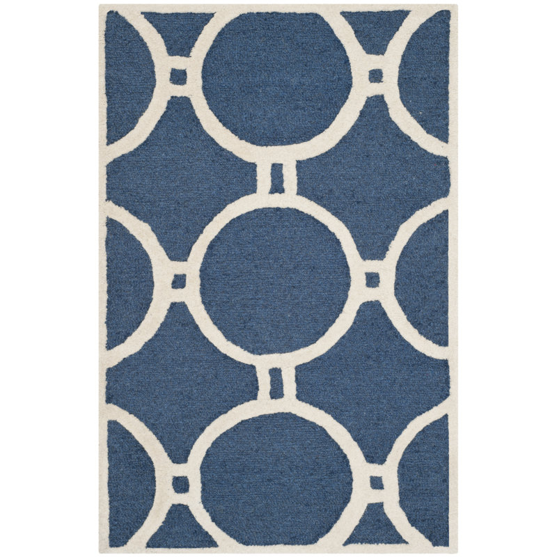 Navy Blue and Ivory Hand-Tufted Wool Square Rug, 24" x 24"