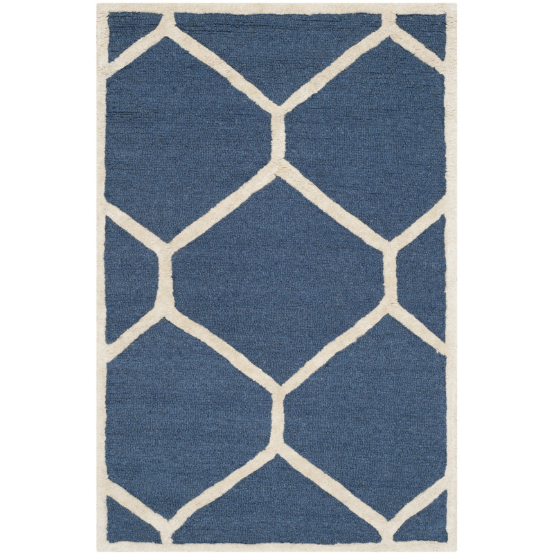 Navy Blue & Ivory Wool 4'x6' Hand-Tufted Geometric Rug