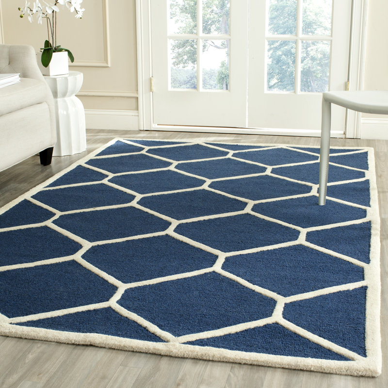 Navy Blue & Ivory Wool 4'x6' Hand-Tufted Geometric Rug